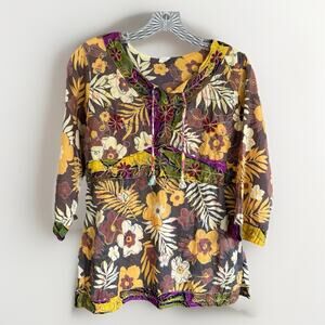 Vintage Y2K Top Boho Floral Embroidered Patchwork Brown Yellow Rare! Size Medium